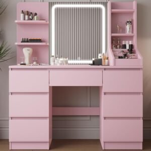 Coiffeuse avec miroir LED rose